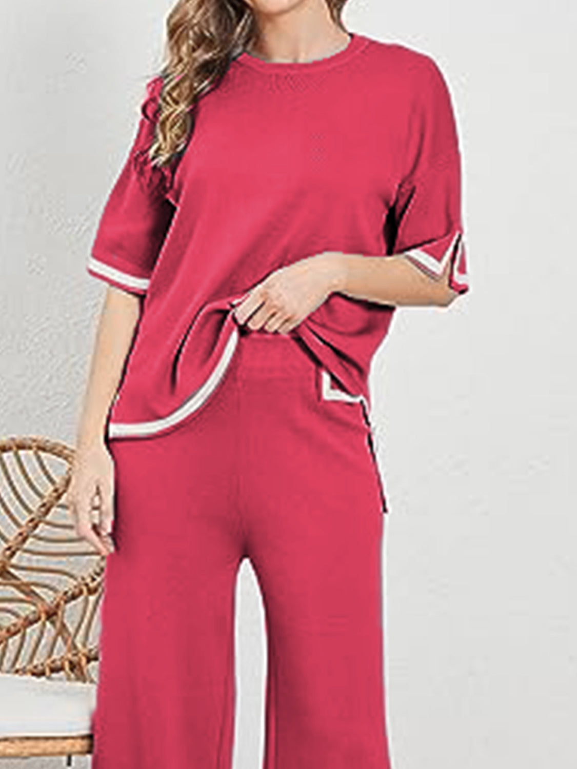 Contrast Knit Pants Set