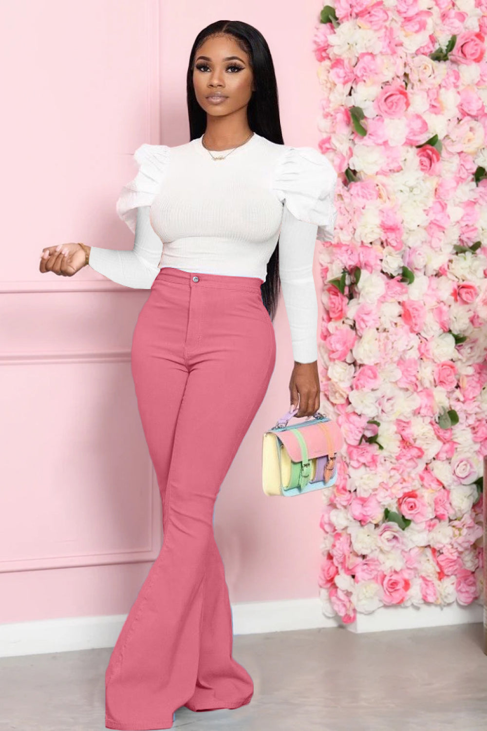 Mutton Sleeve Top and Flare Pants Set