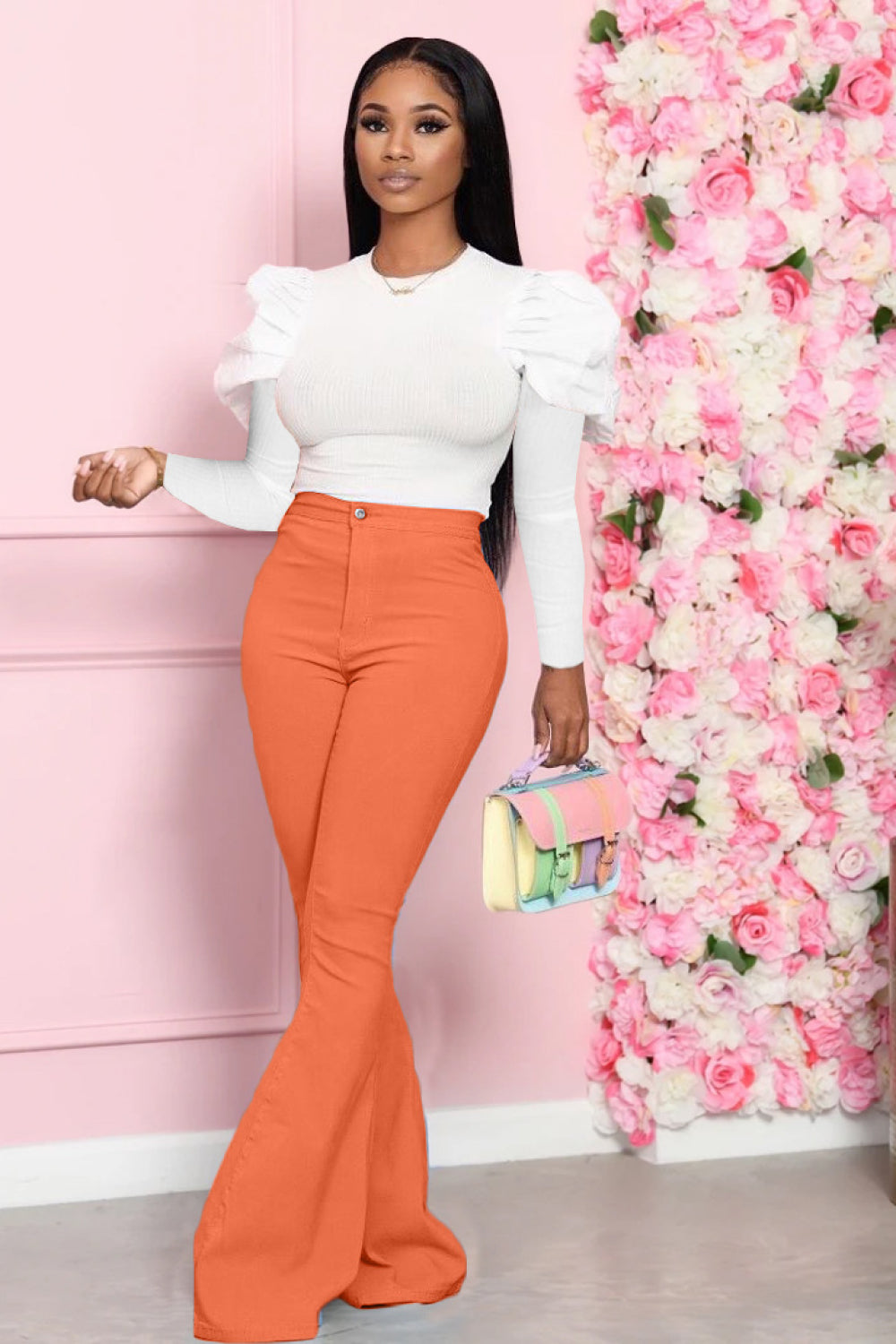 Mutton Sleeve Top and Flare Pants Set