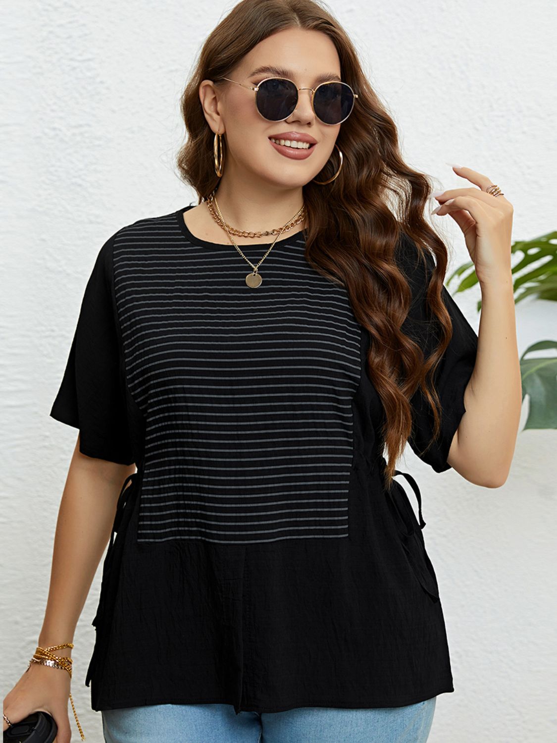 PLUS SIZE STRIPED DRAWSTRING TOP