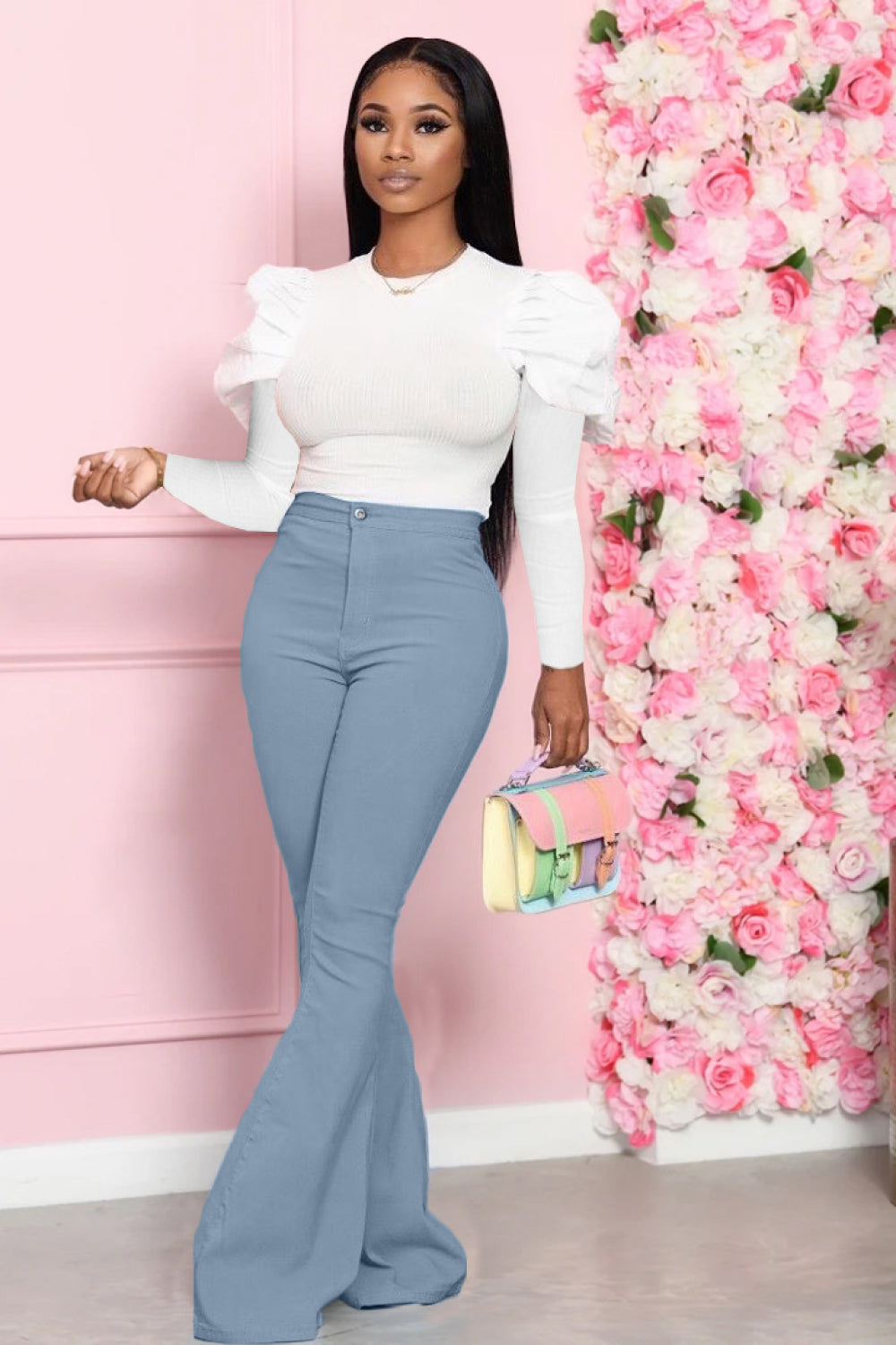 Mutton Sleeve Top and Flare Pants Set