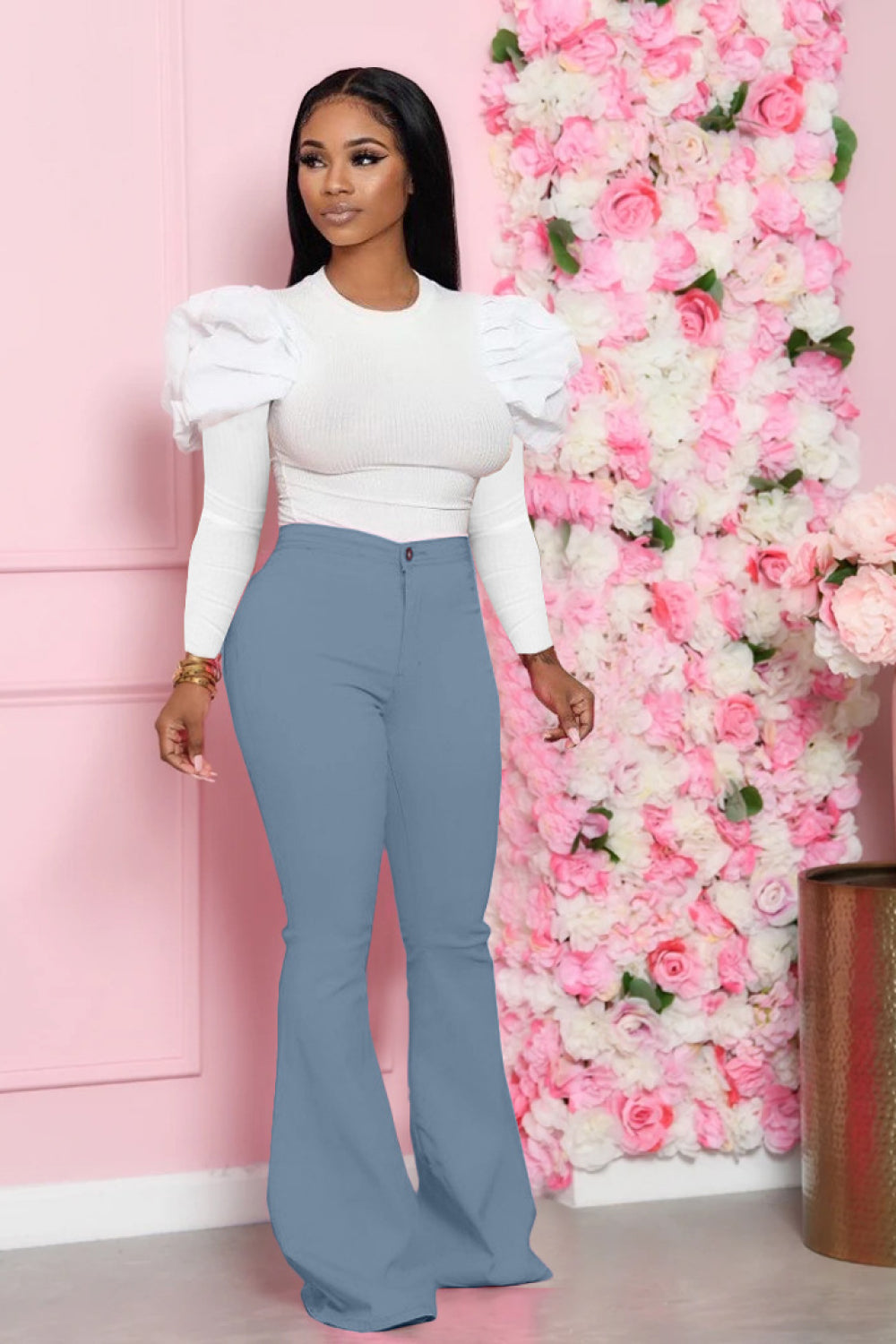 Mutton Sleeve Top and Flare Pants Set