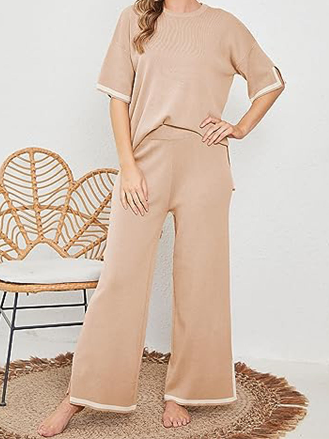 Contrast Knit Pants Set