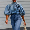 Women's Denim Puff Sleeve Top Solid Color Stand Collar Blouse With Bow Detail For Spring And Fall YNIQUE
