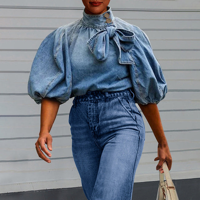 Women's Denim Puff Sleeve Top Solid Color Stand Collar Blouse With Bow Detail For Spring And Fall YNIQUE