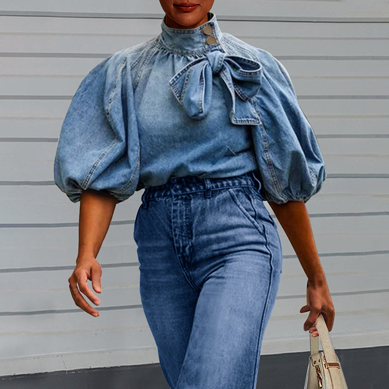 Women's Denim Puff Sleeve Top Solid Color Stand Collar Blouse With Bow Detail For Spring And Fall YNIQUE