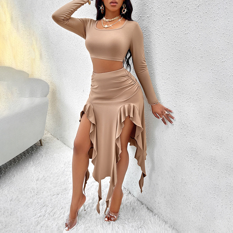 Women's Long Sleeve Round Neck Pleated Dress Suit - Solid Color Elegant Ruffle Outfit WARE RARE JUSA