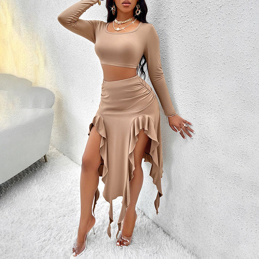 Women's Long Sleeve Round Neck Pleated Dress Suit - Solid Color Elegant Ruffle Outfit WARE RARE JUSA