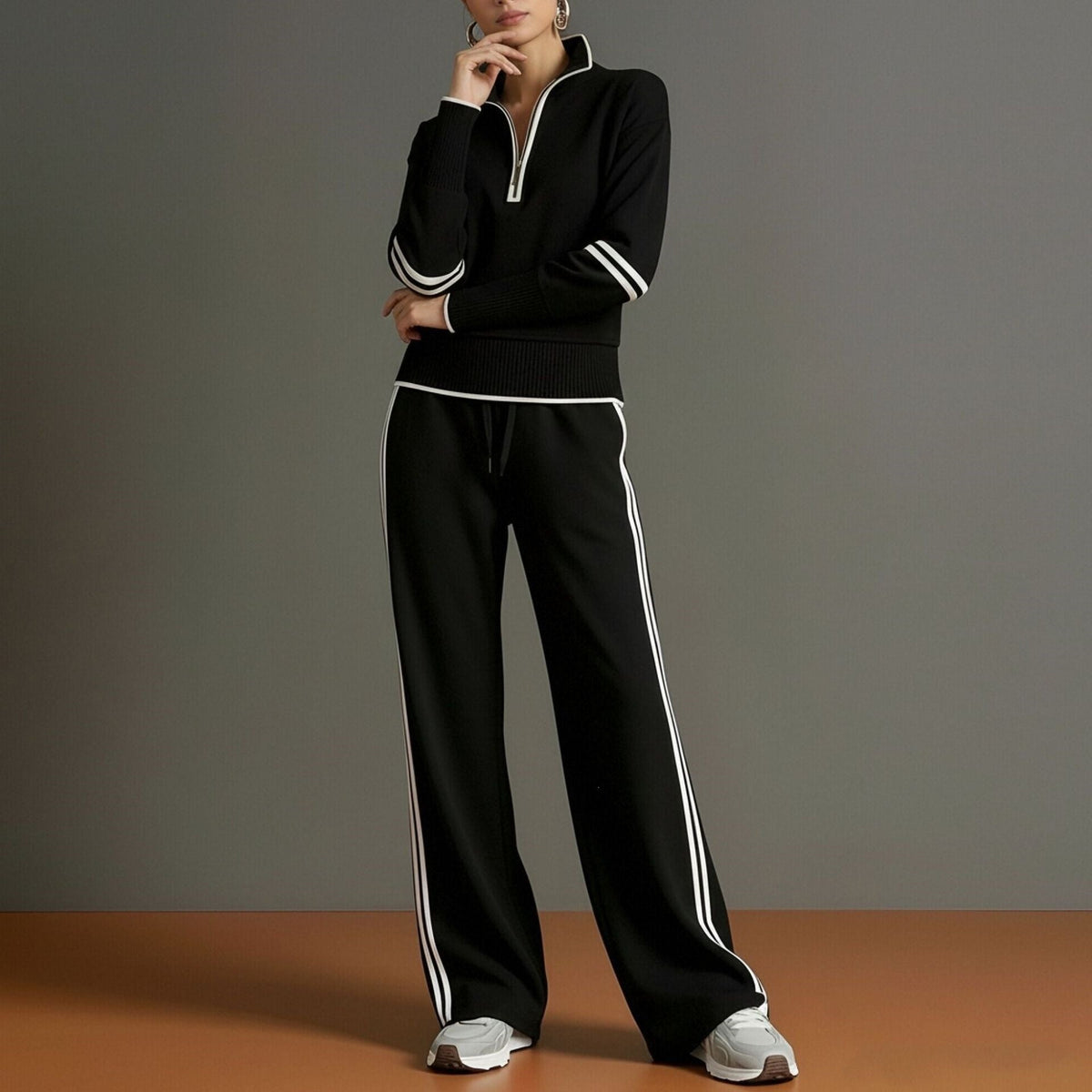 Women's Half-Zip Striped Sweatshirt & Wide-Leg Pants Set MERIDGE