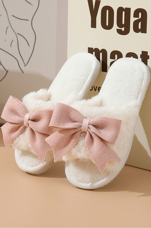 White Bow Knot Decor Open Toe Plush Slippers YNIQUE