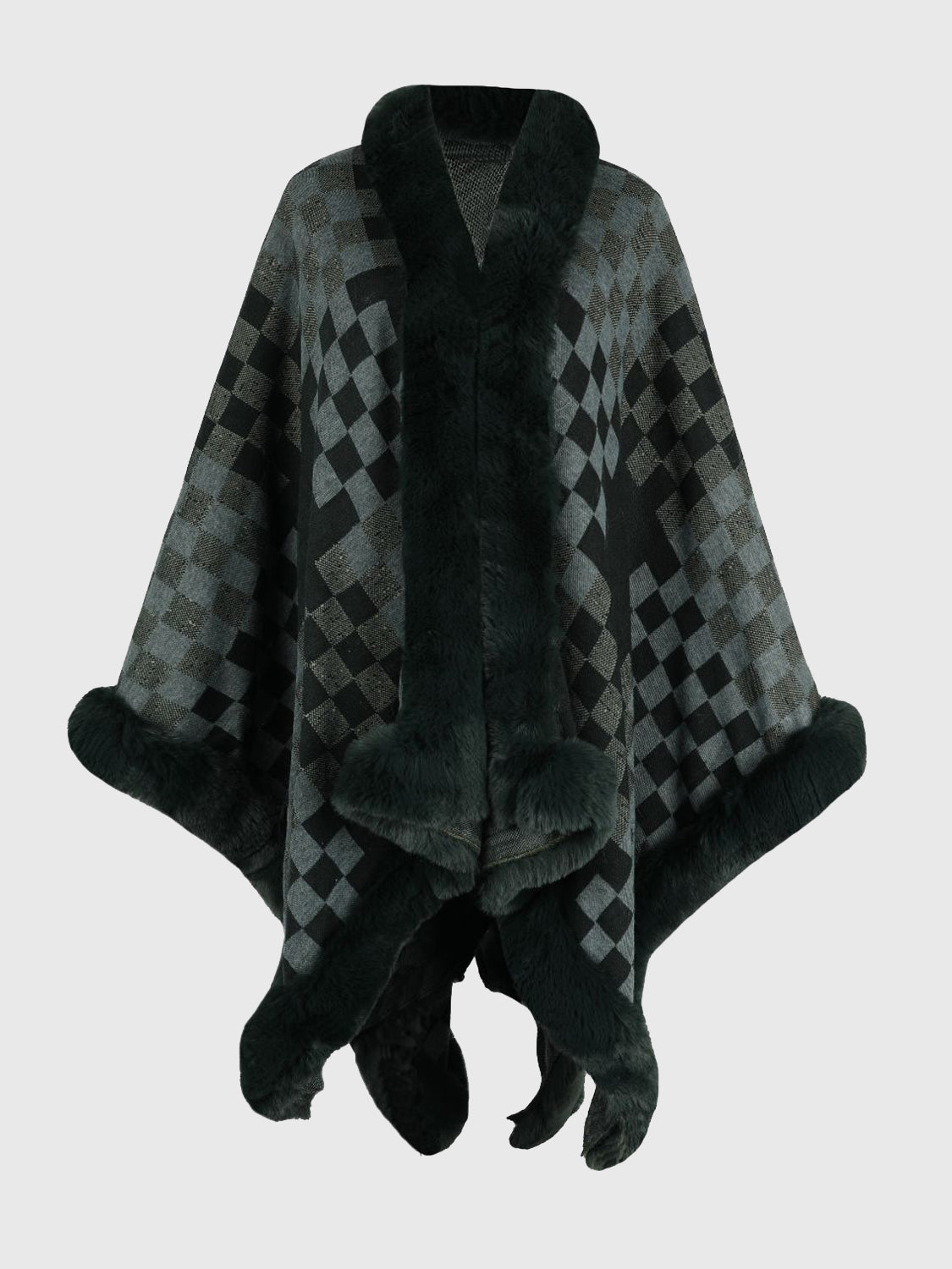 Checkered Faux Fur Trim Poncho Trendsi