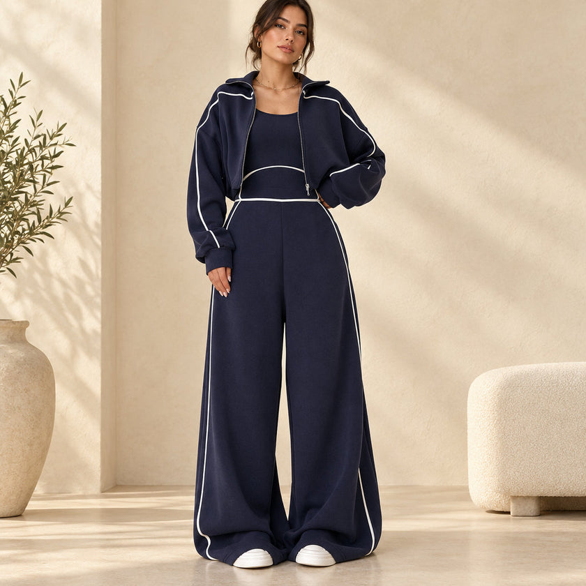 Women's Contrast-Piped Wide-Leg Jumpsuit & Cropped Zip Jacket Set MERIDGE