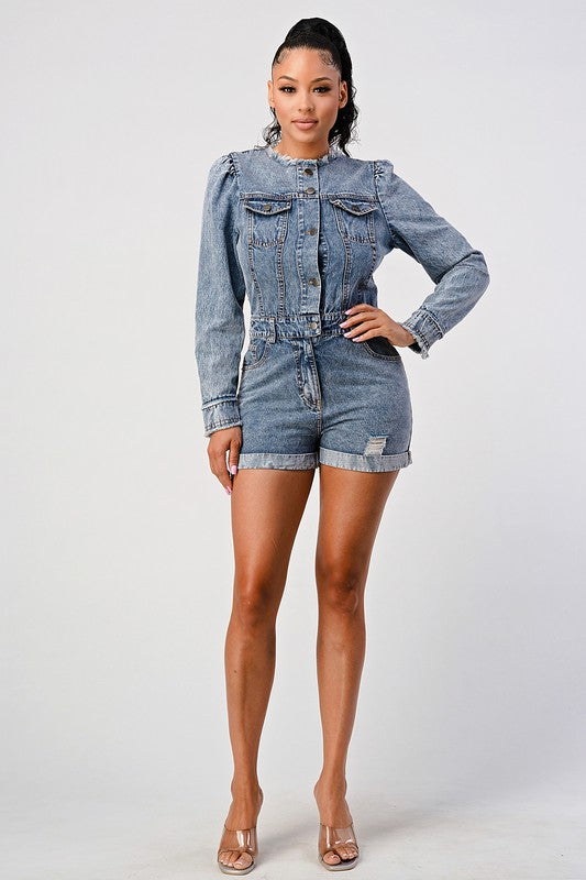 LONG SLEEVE DENIM ROMPER Athina