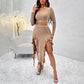 Women's Long Sleeve Round Neck Pleated Dress Suit - Solid Color Elegant Ruffle Outfit WARE RARE JUSA