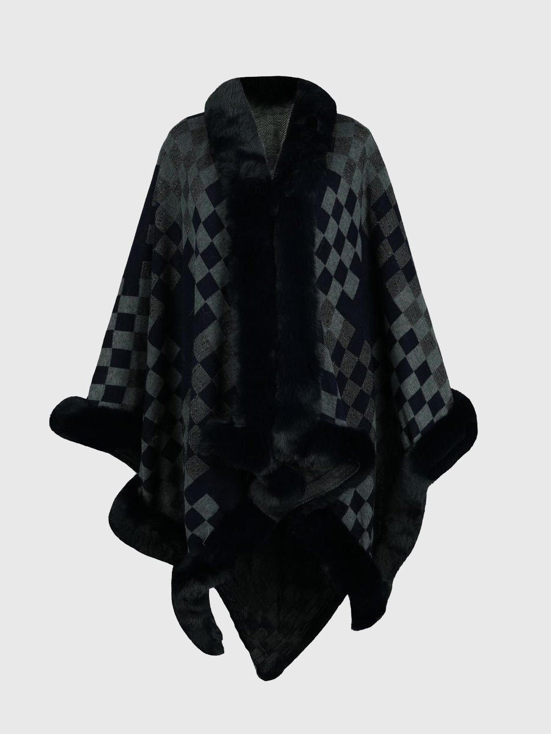 Checkered Faux Fur Trim Poncho Trendsi