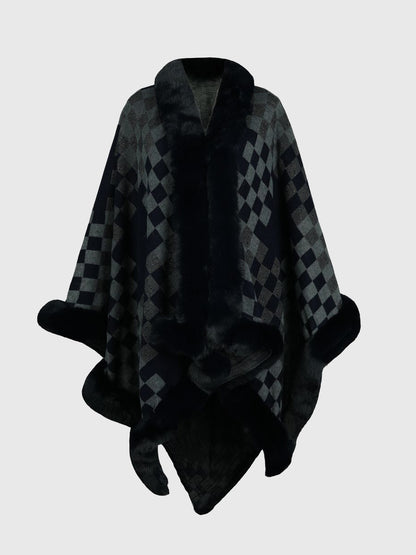 Checkered Faux Fur Trim Poncho Trendsi