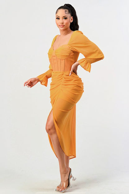 Summer solid yellow long sleeve chiffon dress