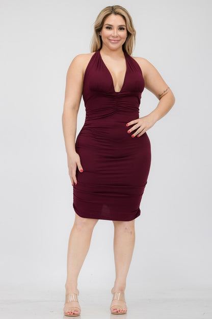 PLUNGING NECK RUCHED MINI DRESS