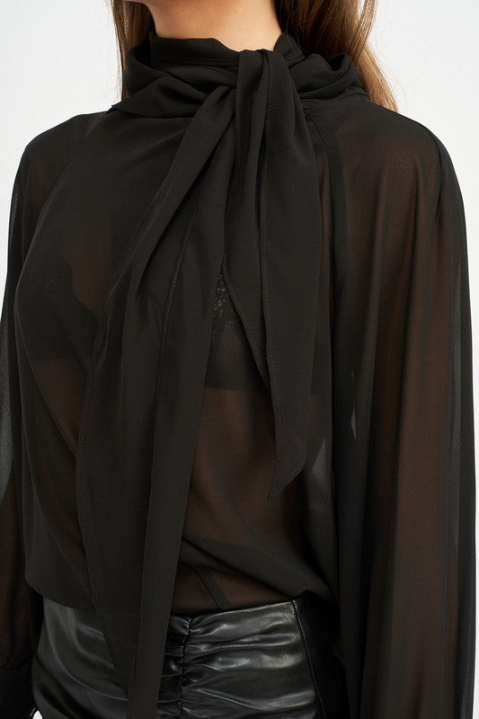 CONTRASTED SHEER TOP WITH SCARF DETAIL Wäre Rare Fashion