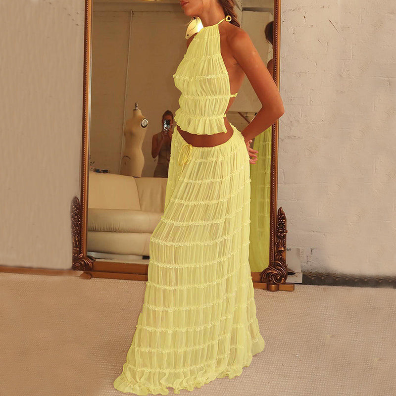 2pcs Women's Dress Suit Sexy Sleeveless Backless Cropped Halter Top And Pleated Long Skirt Beach Clothing Route