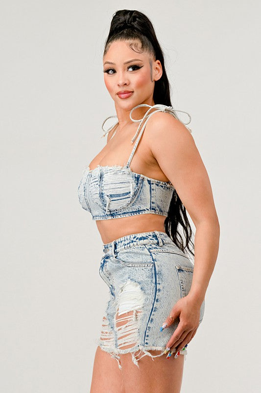 NO STRINGS ATTACHED DISTRESSED DENIM SET
