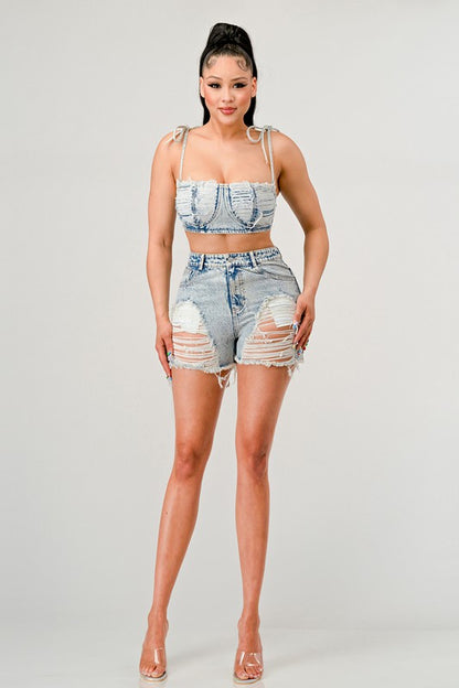 NO STRINGS ATTACHED DISTRESSED DENIM SET