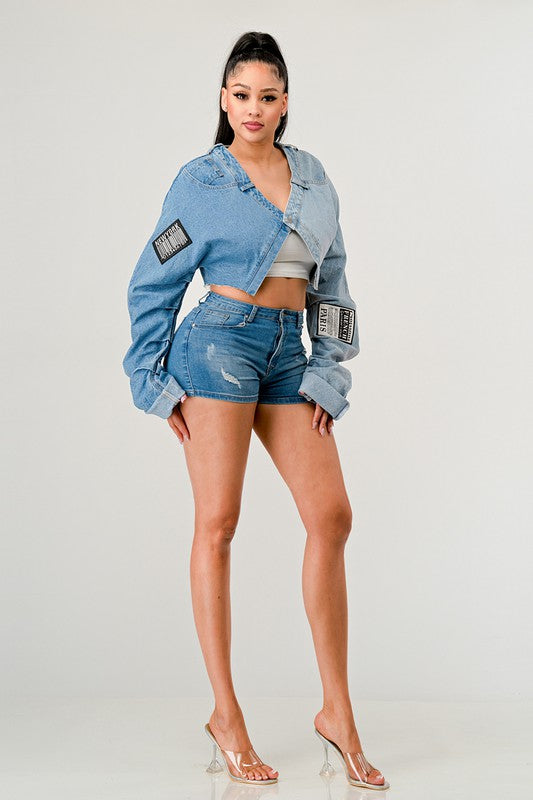 DENIM PATCHED CROPPED TOP