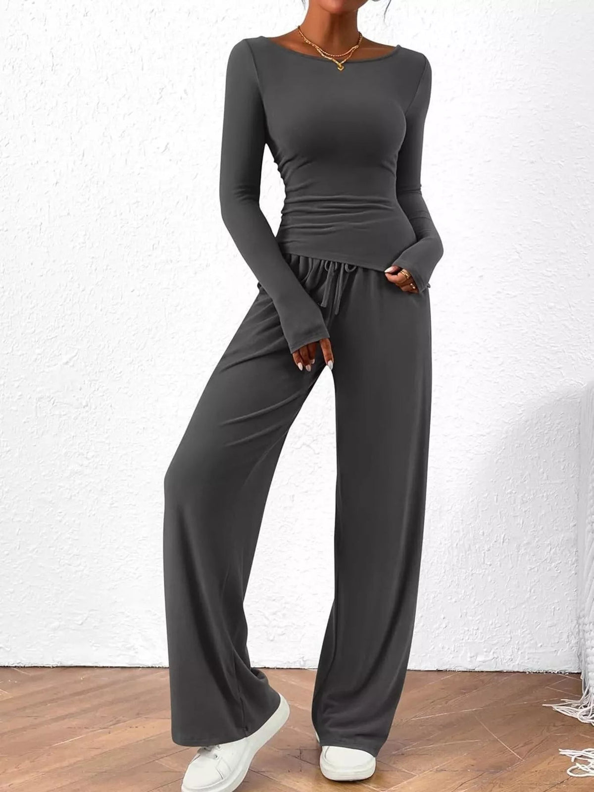 Long Sleeve Top and Wide Leg Pants Set Simply Love