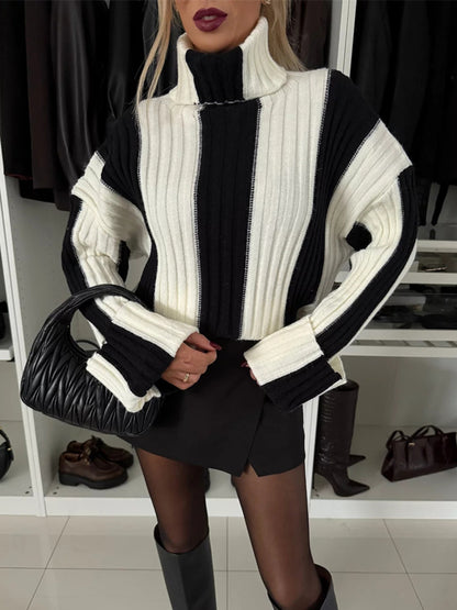 Striped Turtleneck Dropped Shoulder Sweater Trendsi