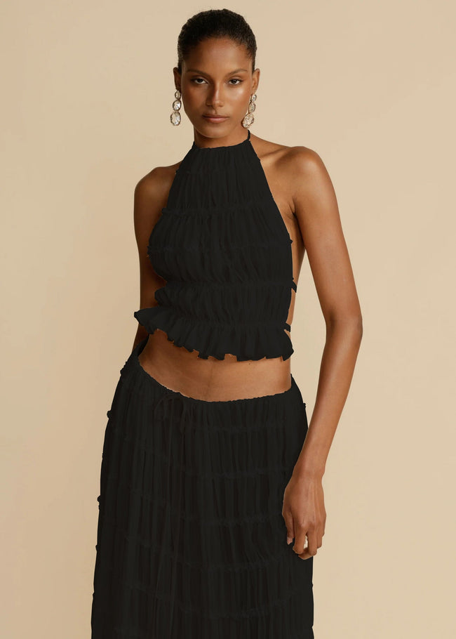 2pcs Women's Dress Suit Sexy Sleeveless Backless Cropped Halter Top And Pleated Long Skirt Beach Clothing Route