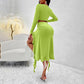 Women's Long Sleeve Round Neck Pleated Dress Suit - Solid Color Elegant Ruffle Outfit WARE RARE JUSA