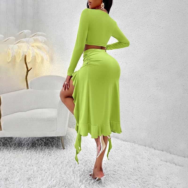 Women's Long Sleeve Round Neck Pleated Dress Suit - Solid Color Elegant Ruffle Outfit WARE RARE JUSA