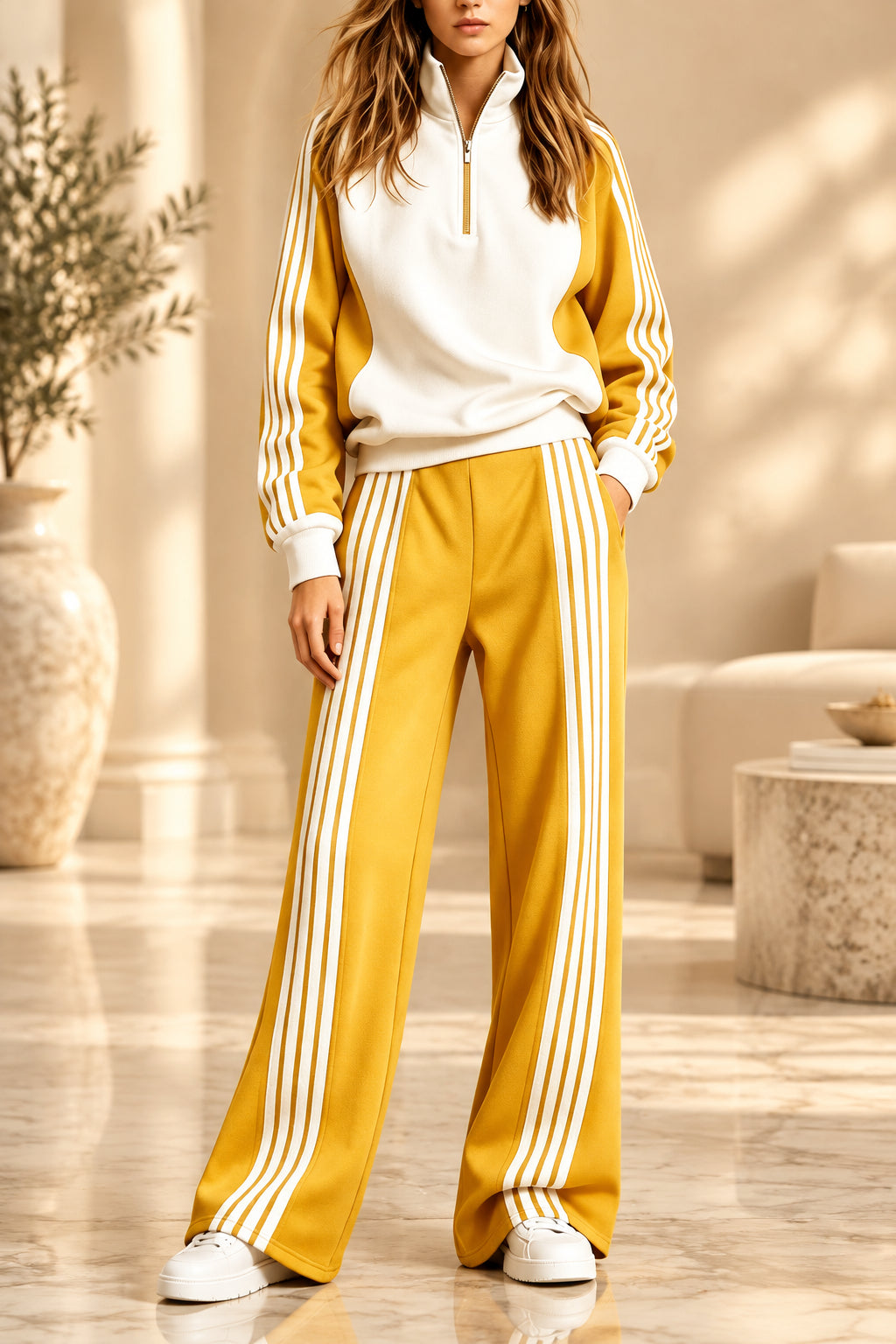 Women's Three-Stripe Colour-Block Half-Zip Sweatshirt & Wide-Leg Track Trouser Set MERIDGE