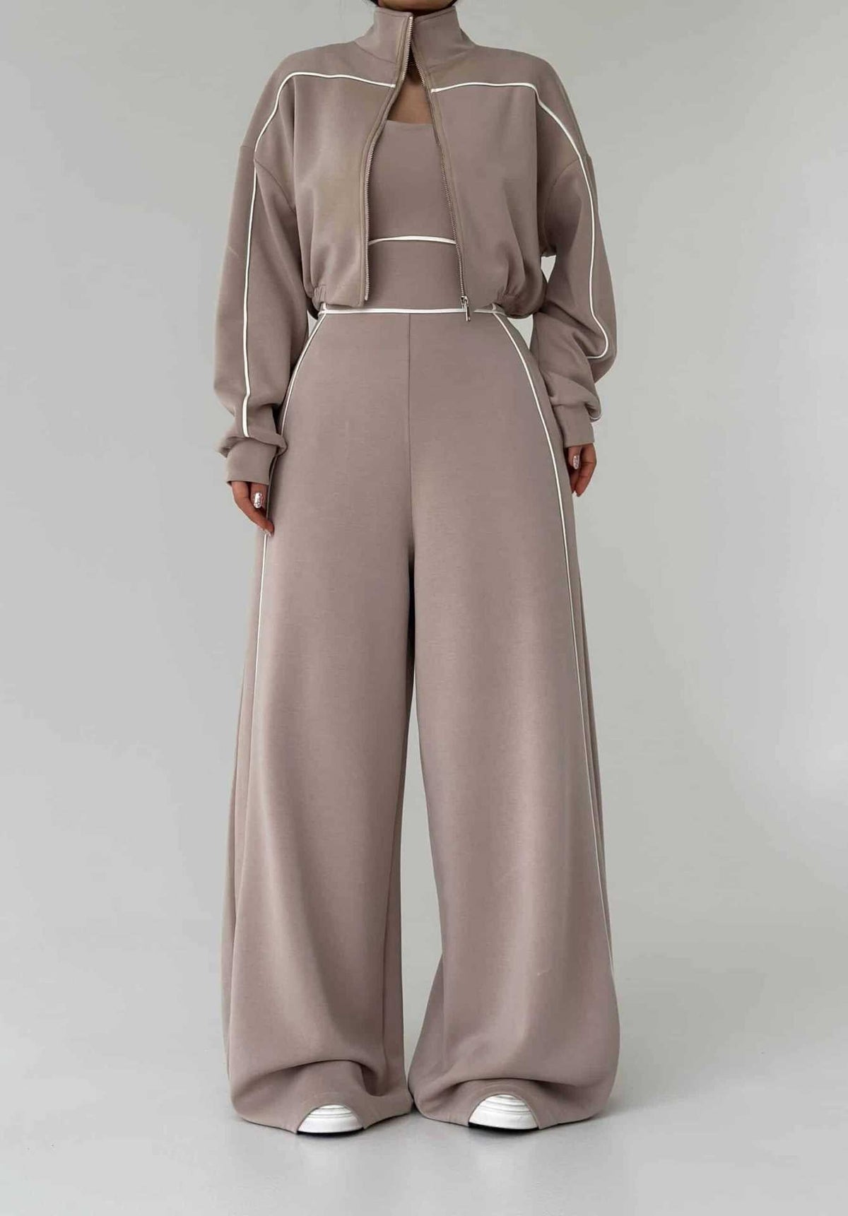 Women's Contrast-Piped Wide-Leg Jumpsuit & Cropped Zip Jacket Set MERIDGE