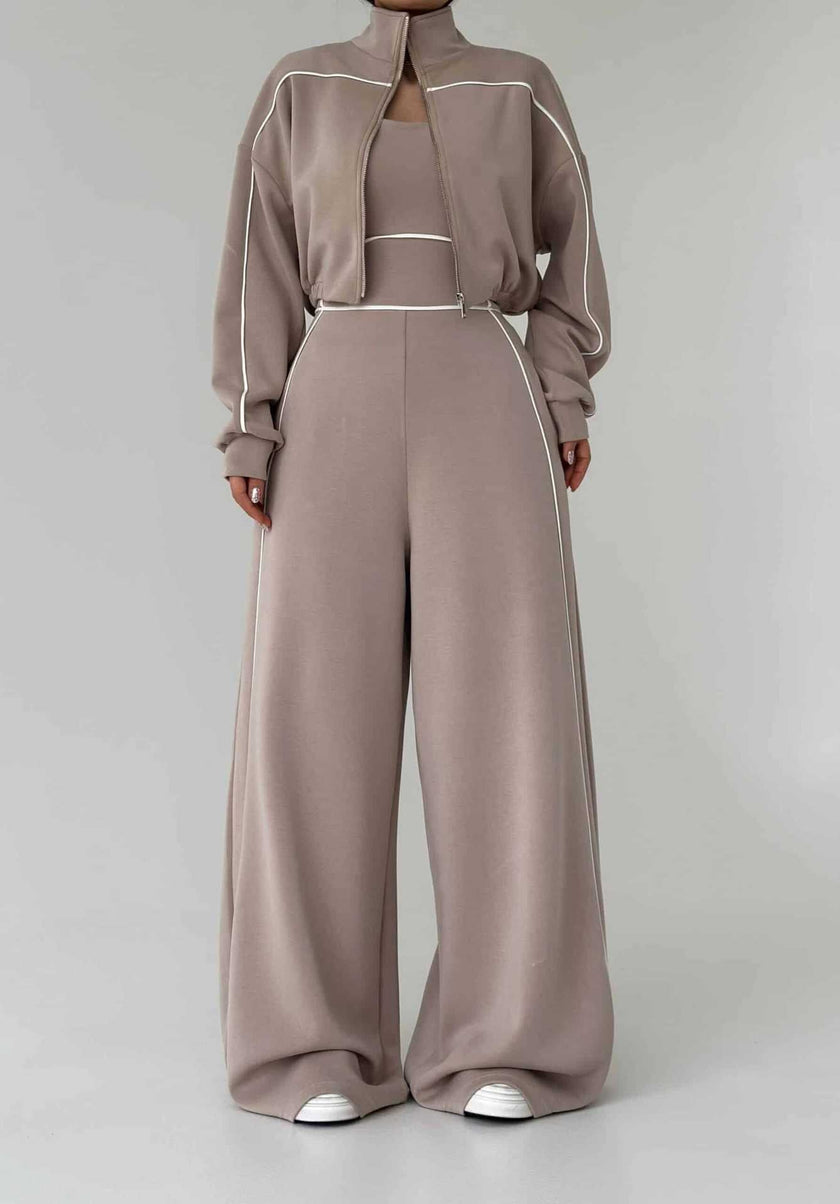 Women's Contrast-Piped Wide-Leg Jumpsuit & Cropped Zip Jacket Set MERIDGE