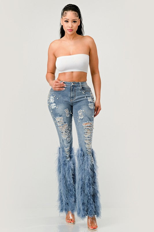 DISTRESSED PEARL FEATHERED JEANS