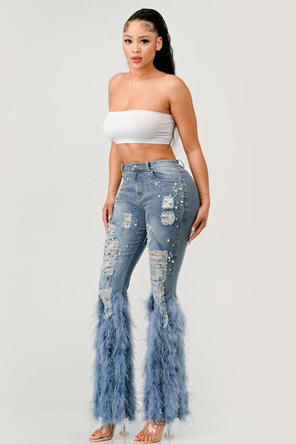 DISTRESSED PEARL FEATHERED JEANS