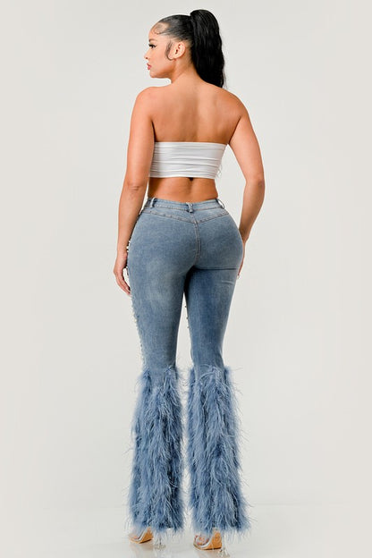 DISTRESSED PEARL FEATHERED JEANS