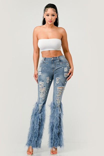 DISTRESSED PEARL FEATHERED JEANS