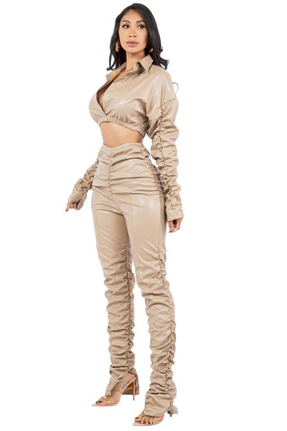 V LINE PU LEATHER PANTS SET