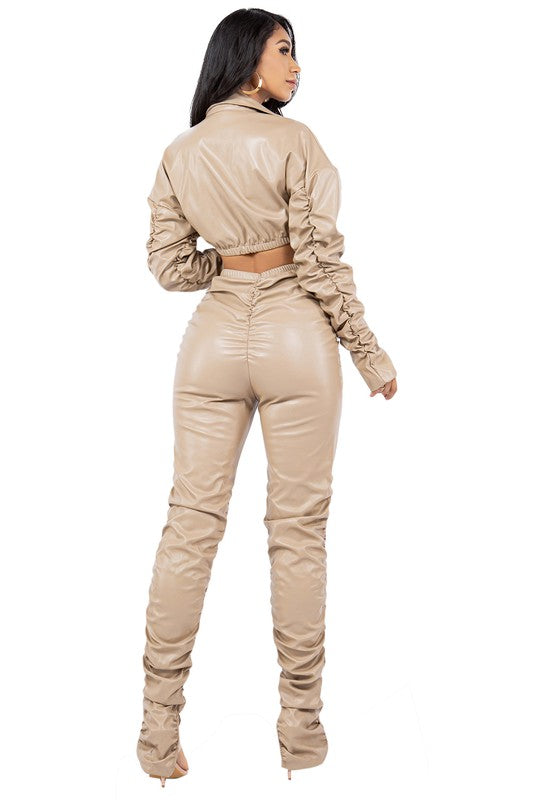 V LINE PU LEATHER PANTS SET