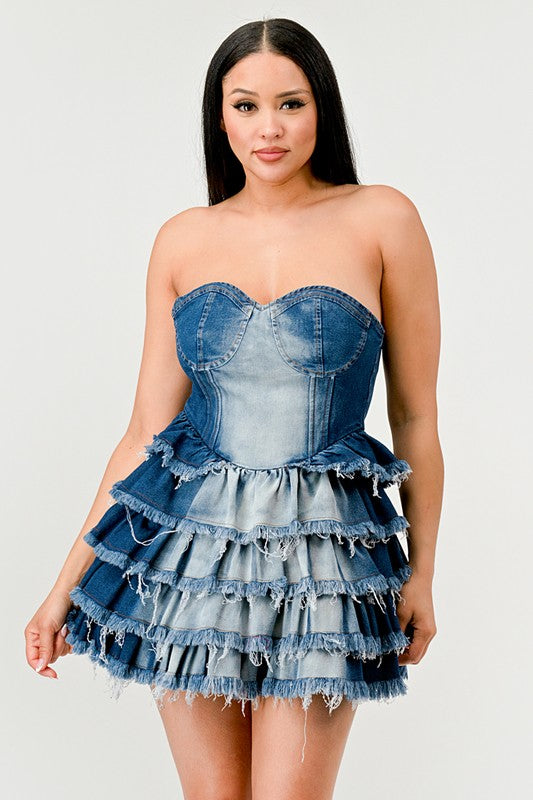 DENIM DELIGHT TIERED RUFFLE DRESS Wäre Rare Fashion