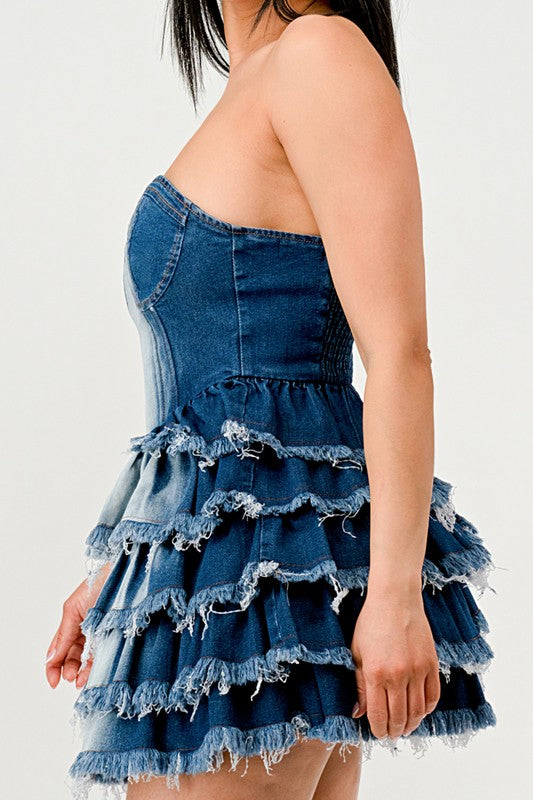 DENIM DELIGHT TIERED RUFFLE DRESS Wäre Rare Fashion