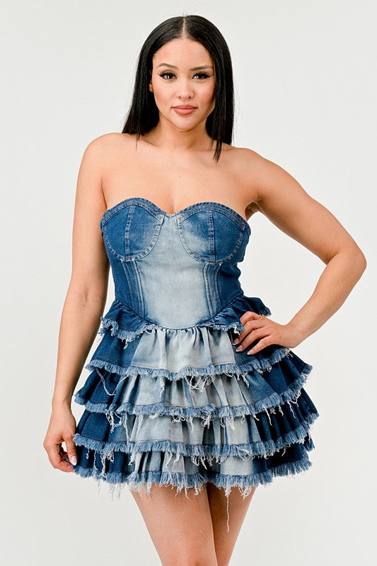 DENIM DELIGHT TIERED RUFFLE DRESS Wäre Rare Fashion