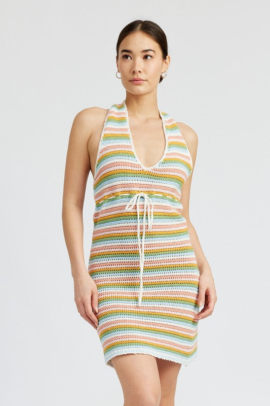 STRIPED CROCHET MINI DRESS WTIH HALTER NECK Emory Park