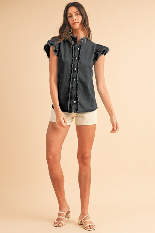 FLUTTER FRAYED DENIM TOP