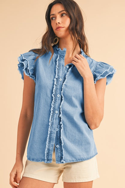 FLUTTER FRAYED DENIM TOP