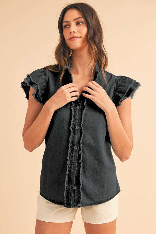 FLUTTER FRAYED DENIM TOP