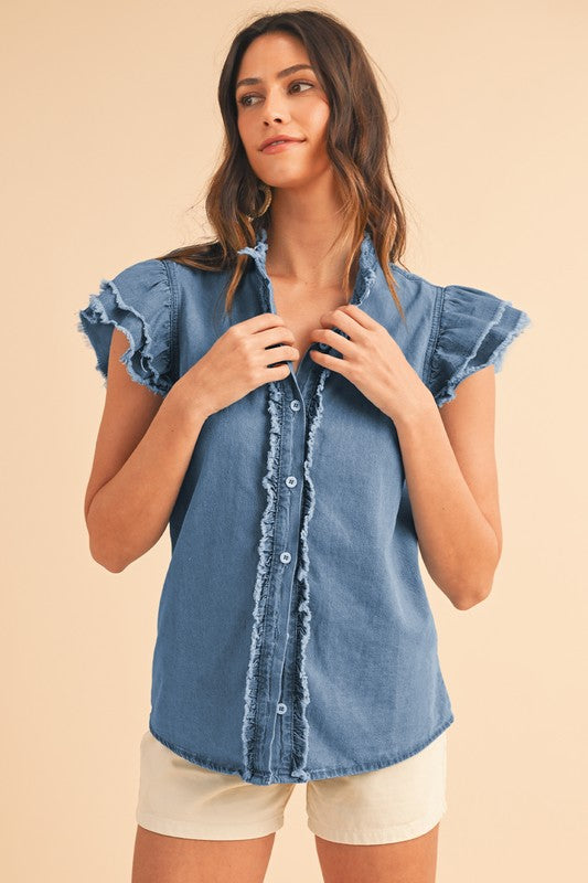 FLUTTER FRAYED DENIM TOP