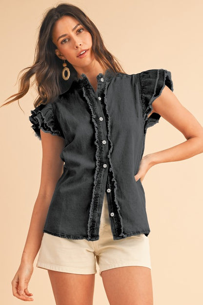 FLUTTER FRAYED DENIM TOP